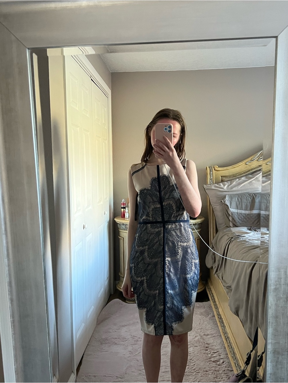 London Dress Company Cream Dress with Navy Lace Trim